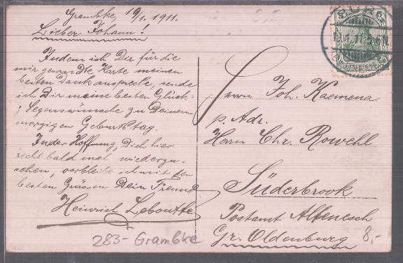 Rückseite der oberen Postkarte von 1911