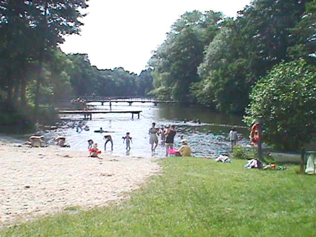 Grambker Seebad, vorne die Liegewiese und der Strandbereich dahinter der Nichtschwimmerbereich, ab Steg der Schwimmerbereich