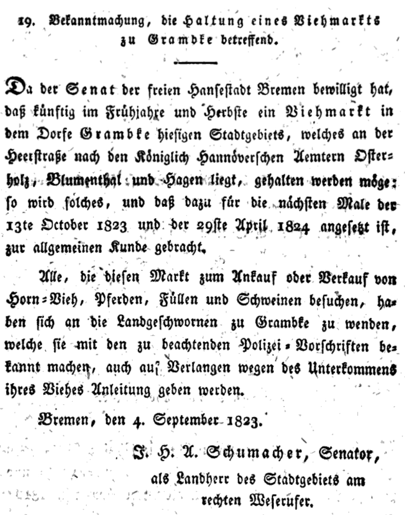 Bekanntmachung des Grambker Viehmarktes 1823