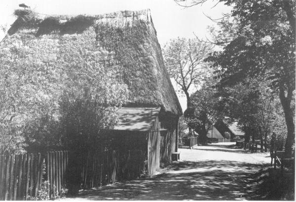 An der Dorfstraße die Scheune des Hofes Segelken mit Storchennest.