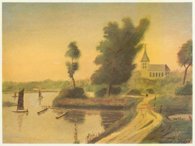 Die Moorlosen Kirche vom Pastorenhaus aus gesehen. Ölgemälde von Pastor Julius Alexander Dreier.