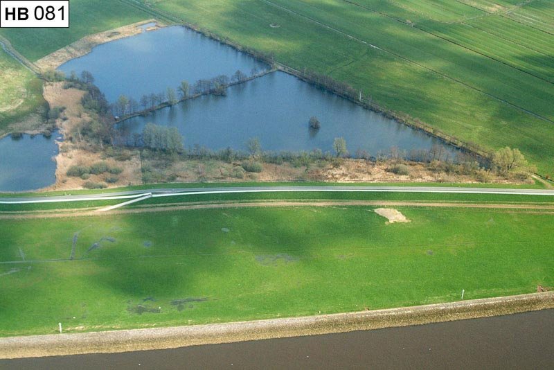 Luftbild: Uferbereich des Werderlandes, zu erkennen ist die Niederbürener Landstraße, an die sich binnenwärts Grünland anschließt. In der Bildmitte liegen zwei Teiche.